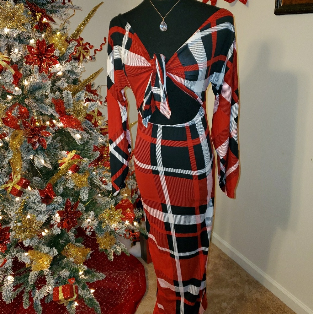 Plaid front tie maxi length dress